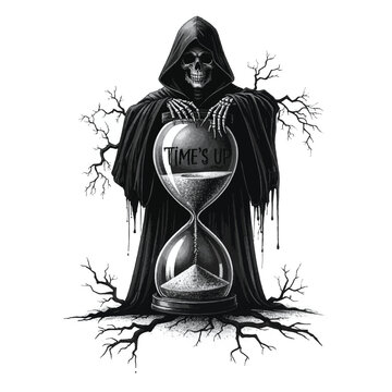 Grim reaper standing with an hourglass on isolated with bare tree branches