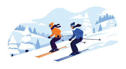 Two adventurous female skiers in colorful winter gear are skiing down a snowy mountain slope surrounded by pine trees.