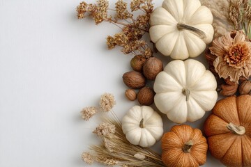 Autumn harvest arrangement of white and orange pumpkins with dried flowers and nuts on a light background