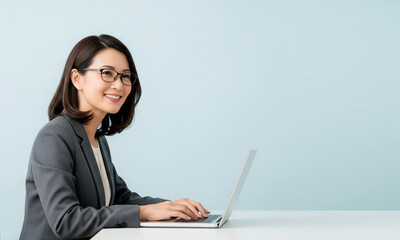 A cheerful middle-aged Asian woman company manager with glasses using a laptop on the left sideplain light background, copy space