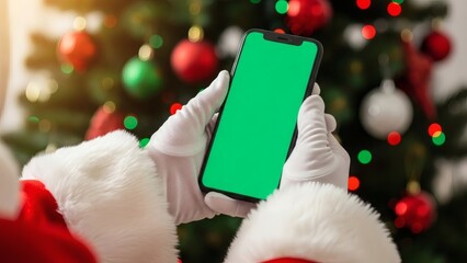 Santa Claus holding a smartphone with a green screen for holiday messages during Christmas