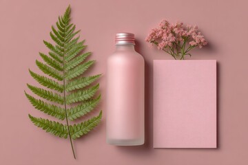 Elegant pink skincare bottle with fern leaf and delicate dried flowers on a soft pink background