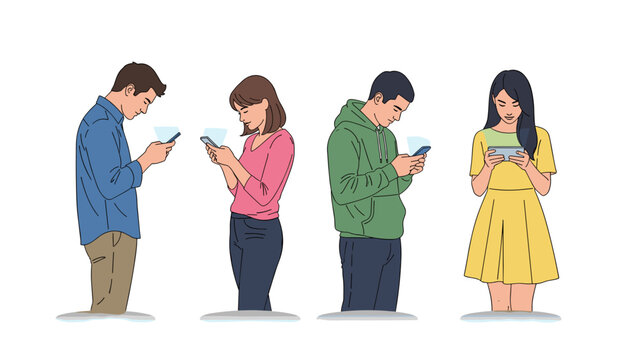 Four diverse individuals, two males and two females, stand with poor posture, intently focused on their smartphones, depicting common modern digital device usage.