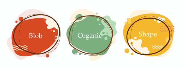 Vector Set of minimal Blob organic emblems isolated on white background. Irregular label tag for promo, sale and discount. Simle text.