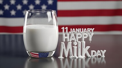 Glass of milk next to happy milk day sign with american flag background