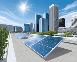 A modern city skyline featuring solar panels on rooftops under a bright sun, highlighting sustainable energy in an urban environment.