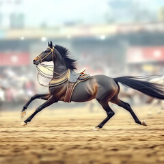 A majestic American Saddlebred in full parade tack, tail arched and legs prancing high, gliding across a show ring. Shot in 8K ultra high-resolution with hyperreal color depth and a shallow depth of f