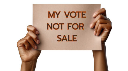 A pair of hands holds a sign that reads, "MY VOTE NOT FOR SALE," emphasizing the importance of voting integrity and civic responsibility.