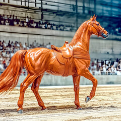 A majestic American Saddlebred in full parade tack, tail arched and legs prancing high, gliding across a show ring. Shot in 8K ultra high-resolution with hyperreal color depth and a shallow depth of f
