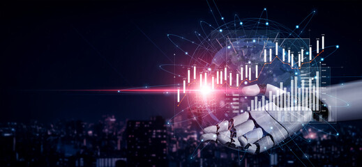A futuristic robotic hand displays glowing graph data alongside a digital earth, symbolizing innovation, technology, and advanced analytics in a modern city. Scalp