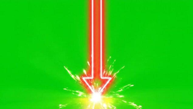 Animated neon red arrows falling down on green background, motion graphics elements, glowing downward pointers, abstract dynamic movement with animation and technology