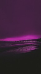 Purple beach scene with ocean waves, sand foreground, sunset light, calm nature background