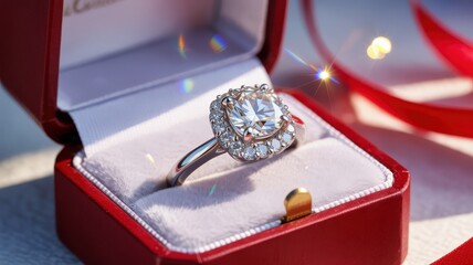 Luxury diamond ring in red velvet box