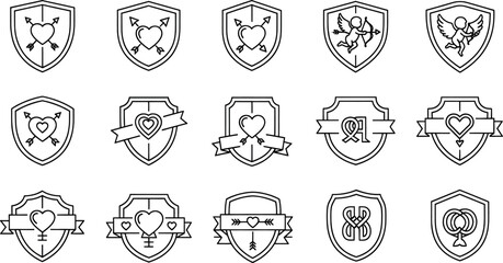 Collection of various shield icons with hearts and symbols on for design