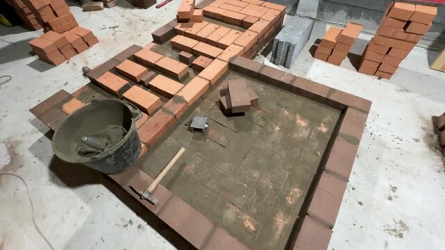 Fresh brickwork of a heating stove bench and firebox area.