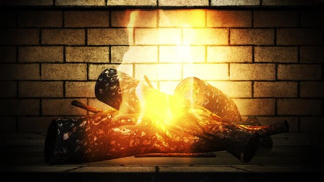 Burning flames in a cozy brick fireplace. Logs burning intensely with bright flames inside a brick fireplace providing warmth. a close up video loop