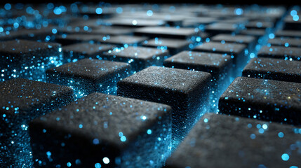 Futuristic grid of glowing blue cubes, creating a high-tech, digital, and immersive 3D environment, perfect for technology, abstract, and sci-fi visuals