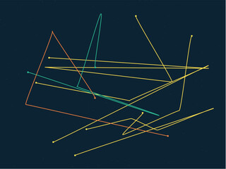 Colorful geometric lines and dots on a dark background abstract