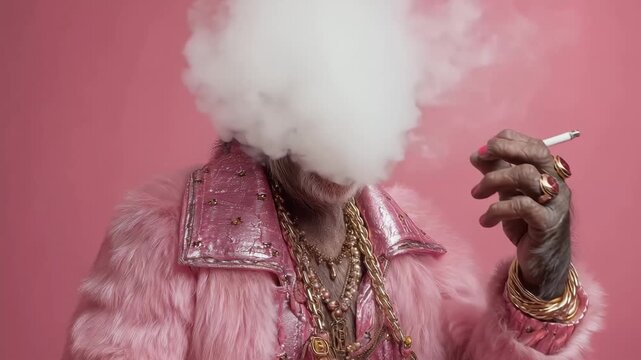 A monkey wearing a pink fur coat, casually smoking a cigarette.