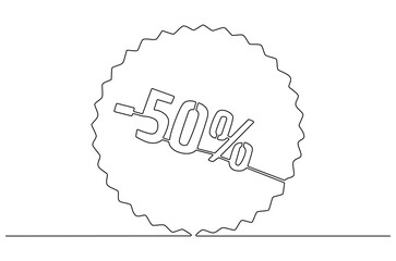 Continuous one line drawing of Minus Fifty percent. Single line drawing illustration of Sale Minus 50 percent. Shop Discount concept vector art. Doodle line illustration.