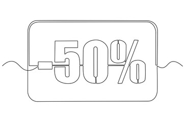 Continuous one line drawing of Minus Fifty percent. Single line drawing illustration of Sale Minus 50 percent. Shop Discount concept vector art. Doodle line illustration.