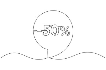 Continuous one line drawing of Minus Fifty percent. Single line drawing illustration of Sale Minus 50 percent. Shop Discount concept vector art. Doodle line illustration.