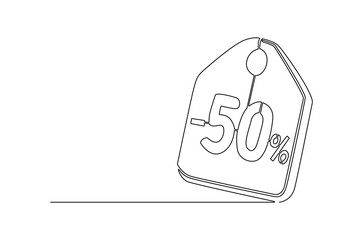 Continuous one line drawing of Minus Fifty percent. Single line drawing illustration of Sale Minus 50 percent. Shop Discount concept vector art. Doodle line illustration.