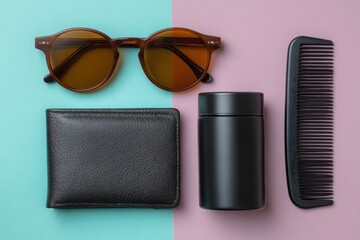 Stylish man s accessories including sunglasses wallet comb and small bottle arranged on a split background
