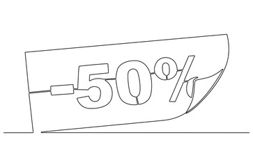 Continuous one line drawing of Minus Fifty percent. Single line drawing illustration of Sale Minus 50 percent. Shop Discount concept vector art. Doodle line illustration.