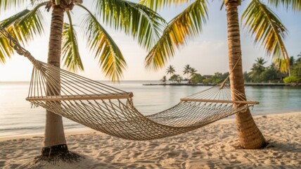Relaxing hammock on tropical beach with palm trees