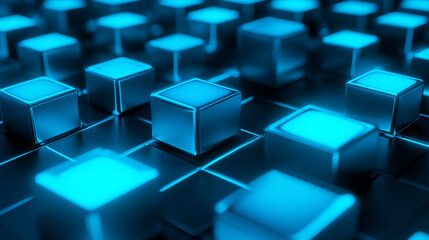 Futuristic grid of glowing blue cubes, creating a high-tech, digital, and immersive 3D environment, perfect for technology, abstract, and sci-fi visuals
