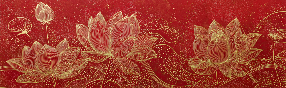 Golden Thread Lotus Ink Painting Abstract