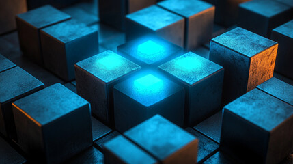 Futuristic grid of glowing blue cubes, creating a high-tech, digital, and immersive 3D environment, perfect for technology, abstract, and sci-fi visuals