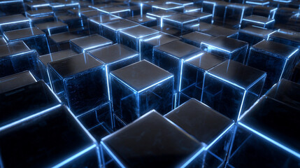Futuristic grid of glowing blue cubes, creating a high-tech, digital, and immersive 3D environment, perfect for technology, abstract, and sci-fi visuals
