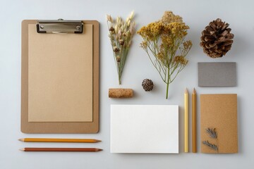 Flat lay of a clipboard with dried flowers pencils and pine cone on a light blue background