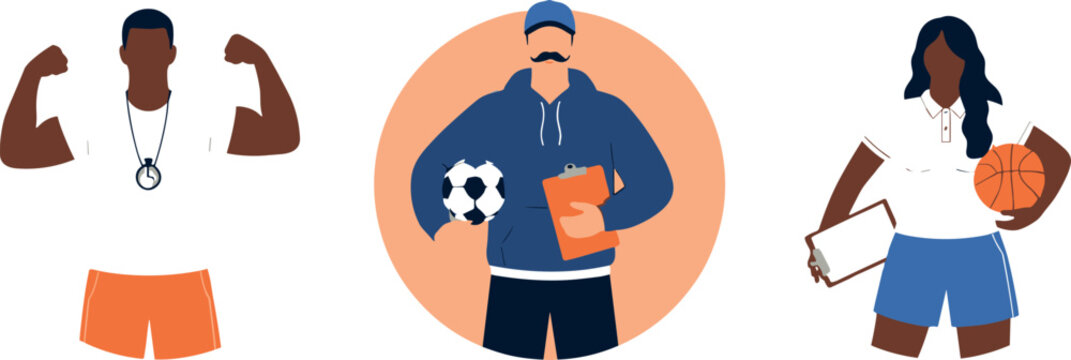 Flat Vector Illustration of Diverse Sports Coaches and Fitness Trainers