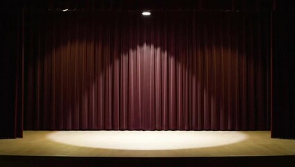 Theatrical stage with changing colored spotlight on empty stage with curtains, theater lighting with drama