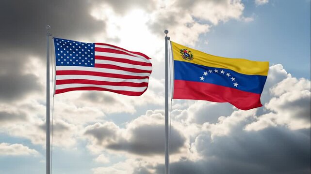 United States and Venezuela National Flags Flying Side by Side in the Sky with Sun and Clouds Background