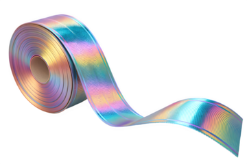 A shiny roll of iridescent tape or ribbon on a black background isolated on transparent background