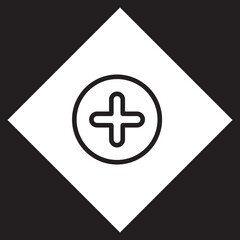 Add icon vector. Plus logo design. Medical cross vector icon illustration in rhombus isolated on black background