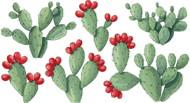 Vector Collection of Prickly Pear Cactus with Red Tuna Fruit