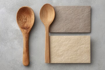 Two wooden spoons and two slices of bread on a textured gray surface top view
