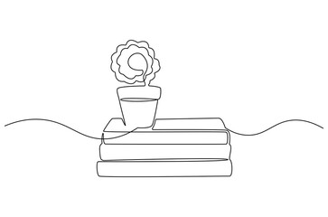 Continuous one line drawing of Book with flowers. Single line drawing illustration of Pot flower with stack of book. Self with clear space and stationery concept vector art. Doodle line illustration.