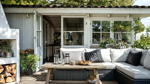 Inviting outdoor patio with fireplace, L-shaped sofa, coffee table, and lush plants
