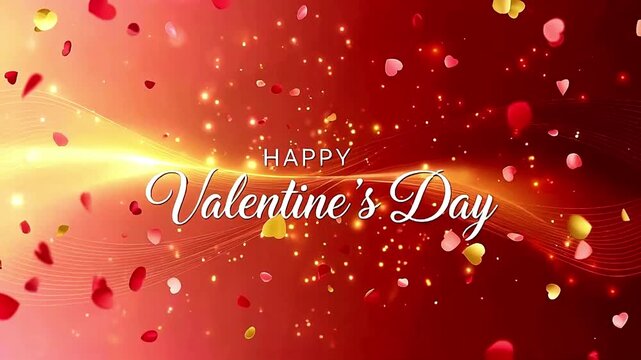 Happy Valentine&rsquo;s Day animation with elegant white script text, sparkling hearts and festive red gold romantic background
