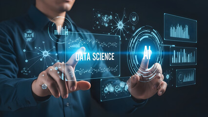 Businessman analyzing data science and AI analytics on futuristic virtual touchscreen interface