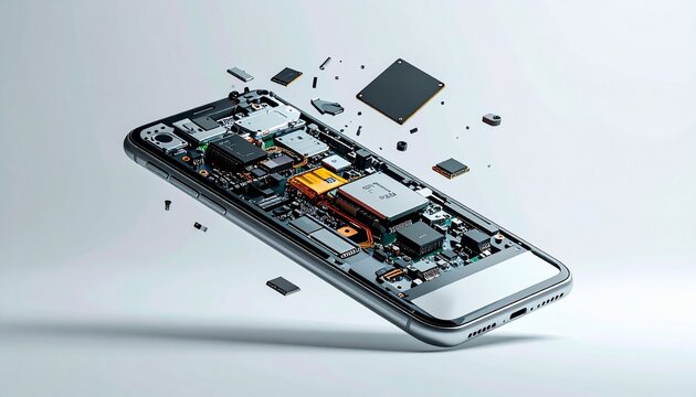 An exploded view of a smartphone, showcasing internal components and circuitry