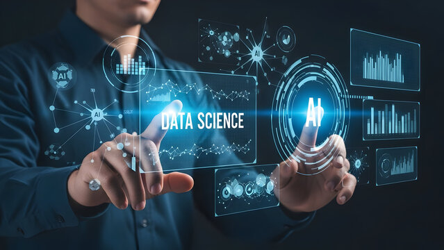 Businessman analyzing data science and AI analytics on futuristic virtual touchscreen interface - Powered by Adobe