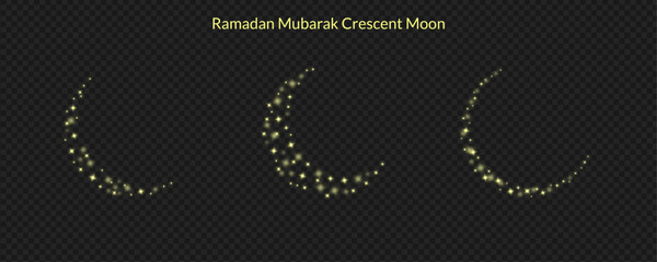 Golden Stardust Crescent Moon Set with Glowing Sparkling Particles for Ramadan Mubarak on Transparent Background