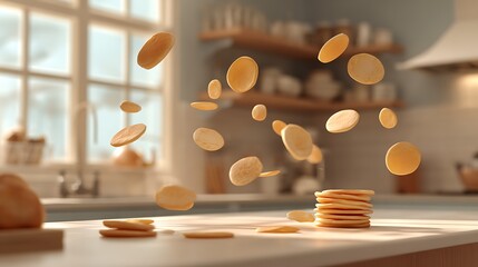 Warm pancakes flying through air around stack on kitchen countertop with blurred background of shelves and window